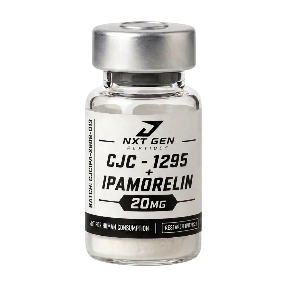 CJC-1295 + Ipamorelin 20 mg (10 mg CJC-1295 No DAC + 10 mg Ipamorelin) research compound vial, research use only